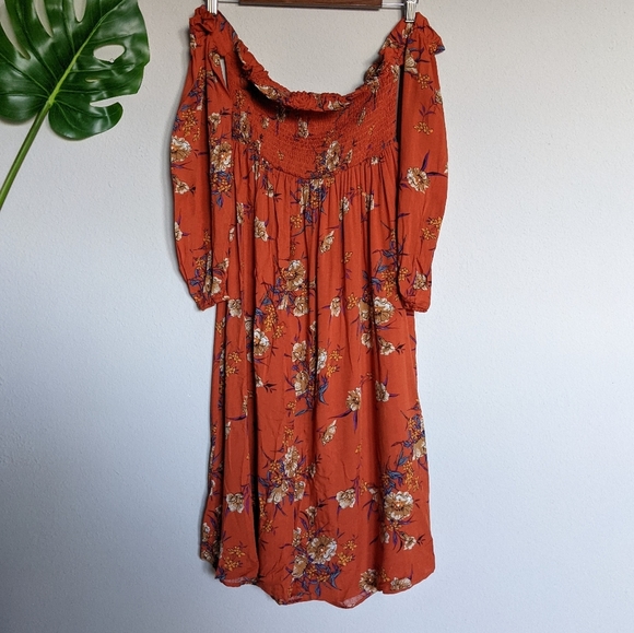 Orange floral print shirred off the shoulder long sleeve dress - Picture 5 of 11